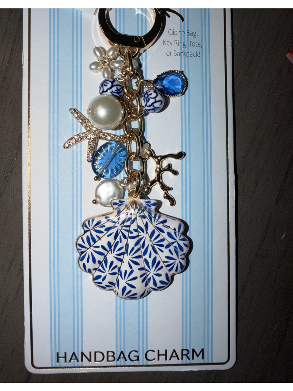 Gold-Tone Blue & White Shell Handbag Charm Bracelet Accent